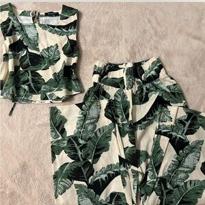 Leaf Print Jumpsuit in Green and Cream